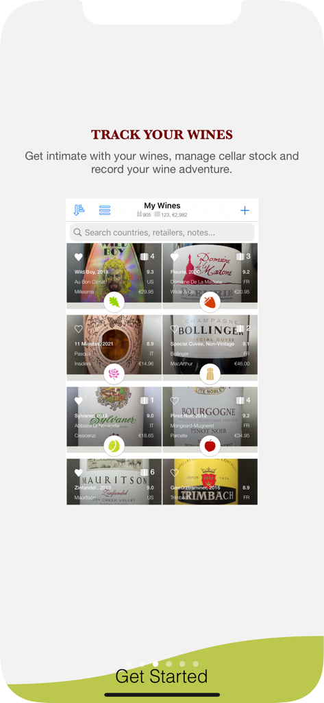 Uma tela visual de gerenciamento de adega no aplicativo Pocket Wine para rastrear uma coleção de vinhos