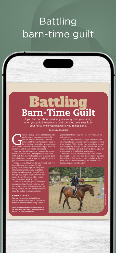 Horse Illustrated Magazine - A mobile phone screen displaying an article titled Battling Barn-Time Guilt from Horse Illustrated Magazine.