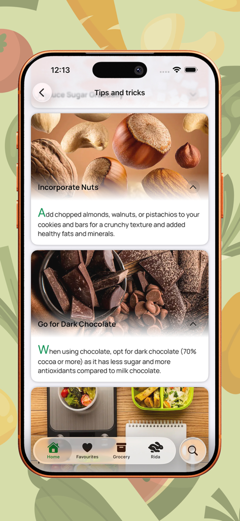 NutriBites app interface showing a Tips and Tricks section with nutritional advice on nuts and dark chocolate.