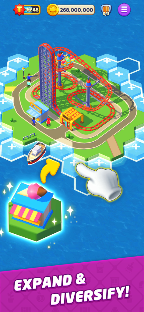 Gameplay showing island expansion and building in Top Tycoon mobile game.