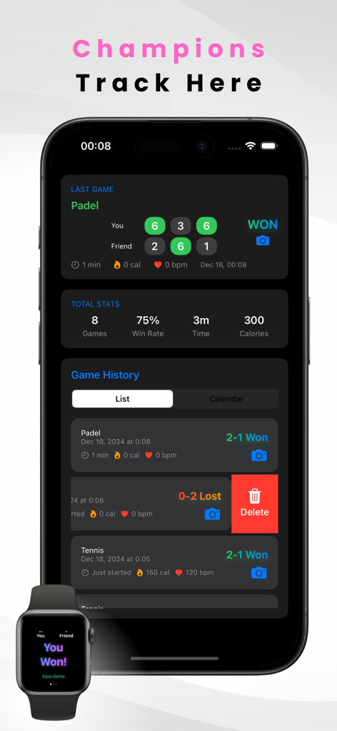 T-Score Tracker: Tennis - iPhone and Apple Watch displaying racket sport match scores, win rate, and game history.