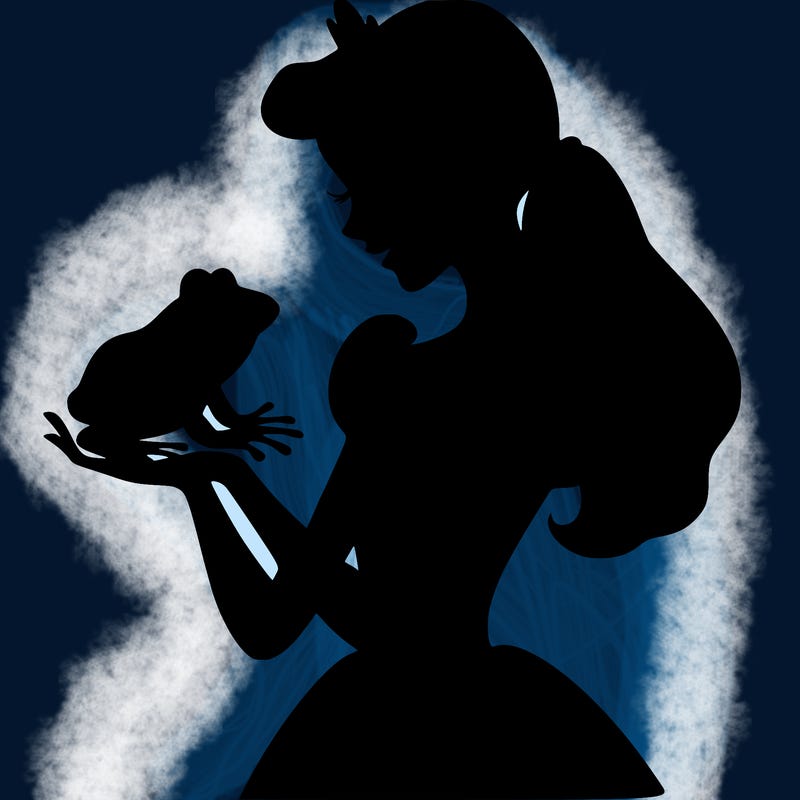 a shadow of a princess holding a frog realistic