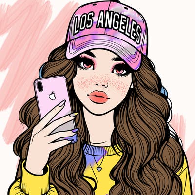 realistic beautiful girl wearing los ángeles cap holding an iphone