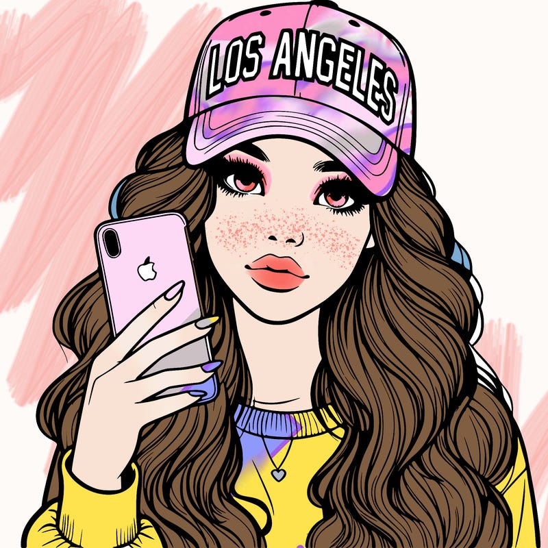 realistic beautiful girl wearing los ángeles cap holding an iphone