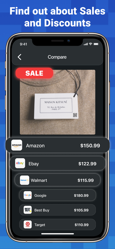 QR Scanner and Code Reader - Interfaz de una aplicación de escáner QR que muestra una comparación de precios de un producto escaneado en Amazon, eBay y Walmart.