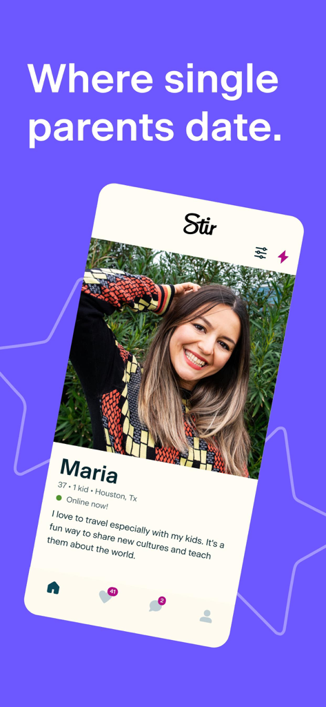 Un profilo di una madre single di 37 anni di nome Maria sull'interfaccia dell'app di incontri Stir.