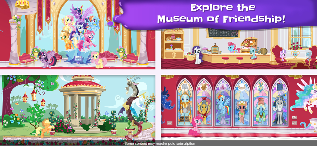 My Little Pony Color By Magic - Un collage che mostra diverse stanze colorate e personaggi all'interno del Museo dell'Amicizia nell'app My Little Pony
