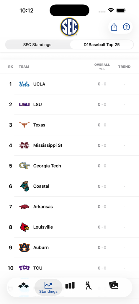 SEC Baseball - SEC Baseball app interface showing the D1Baseball Top 25 rankings and team standings