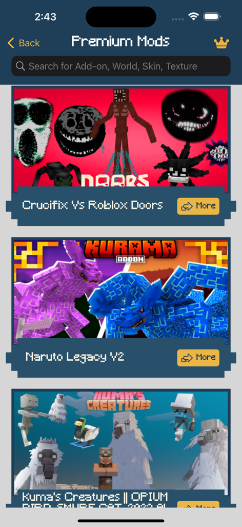 ADD-ONS FOR MINECRAFT PE MCPE - A selection of premium mods for Minecraft PE featuring character add-ons from Naruto and Roblox Doors