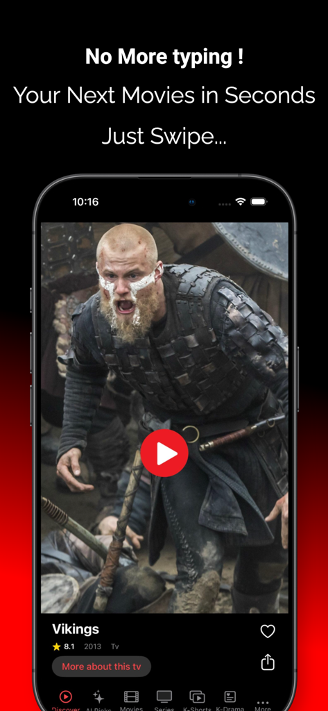 Boredflix Mobile App zeigt eine Videovorschau für die TV-Show Vikings mit einer Wisch-zu-Entdecken-Oberfläche.