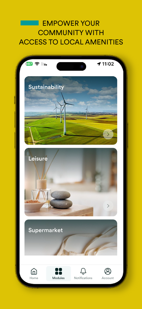 Appgrade by ServicesApp - Appgrade mobile app screen displaying modules for local amenities including sustainability leisure and supermarket services