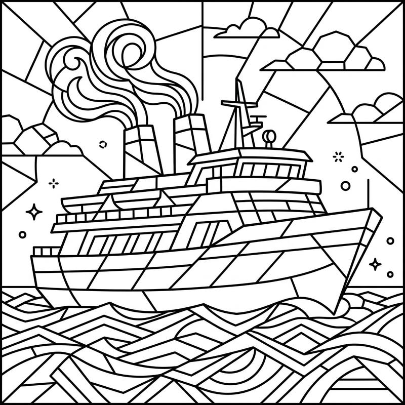Embark on an artistic journey with our captivating Stained Glass Ferry coloring page. This intricate design transforms a classic boat into a beautiful mosaic of bold lines, ready for your creative touch.