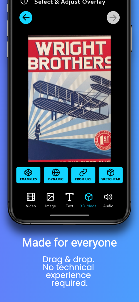 Interfaz de la aplicación Halo AR que muestra la selección de superposiciones 3D para un póster educativo de los hermanos Wright con herramientas simples de arrastrar y soltar.