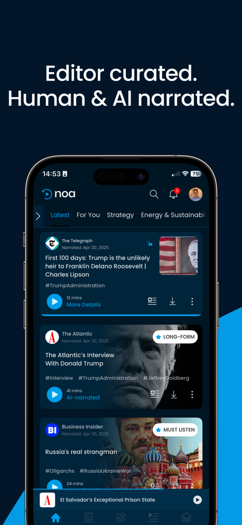 Noa: Listen to audio articles - ヒューマンおよびAIナレーションによる、プレミアム出版物からのオーディオニュース記事のキュレーションフィードを表示しているNoaアプリのインターフェース