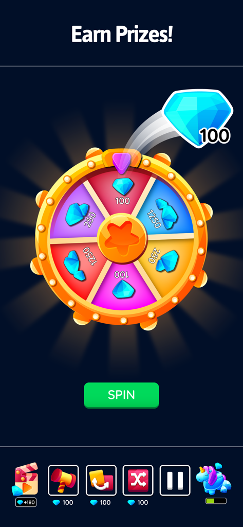 Una colorida rueda de la fortuna en la aplicación 2048 Blast mostrando premios de diamantes y un botón verde para girar.