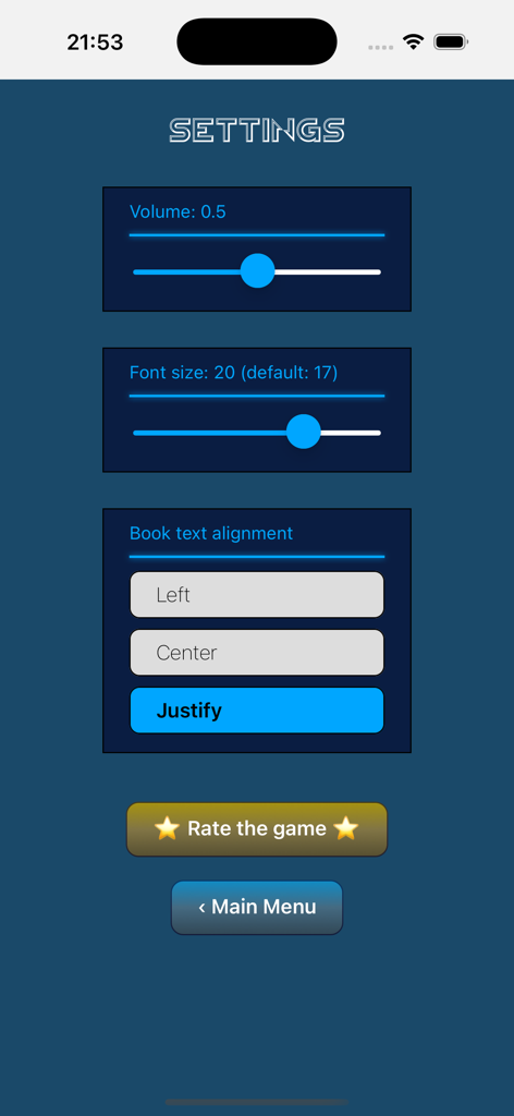 Settings menu of the Heart of Ice game showing font size and volume sliders