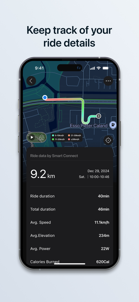 Tenways - Tenways App-Bildschirm zeigt eine gemappte Fahrradroute und umfassende Fahrtdaten wie Distanz und Durchschnittsgeschwindigkeit