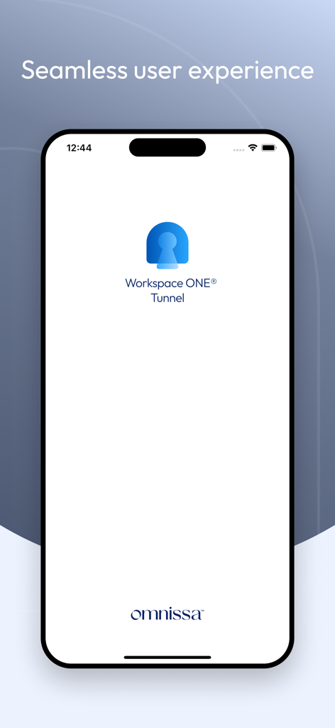 Tunnel (new) - Workspace ONE - キャプション「シームレスなユーザーエクスペリエンス」が付いたiPhone上のWorkspace ONE Tunnelアプリのスプラッシュスクリーン