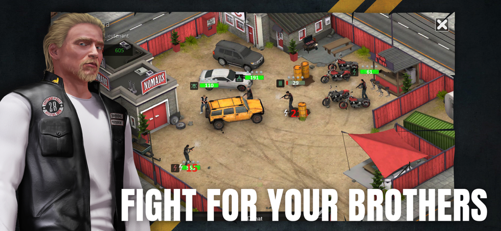 Bloody Roads, California - Top-down view of a biker club compound shootout with motorcycles and vehicles