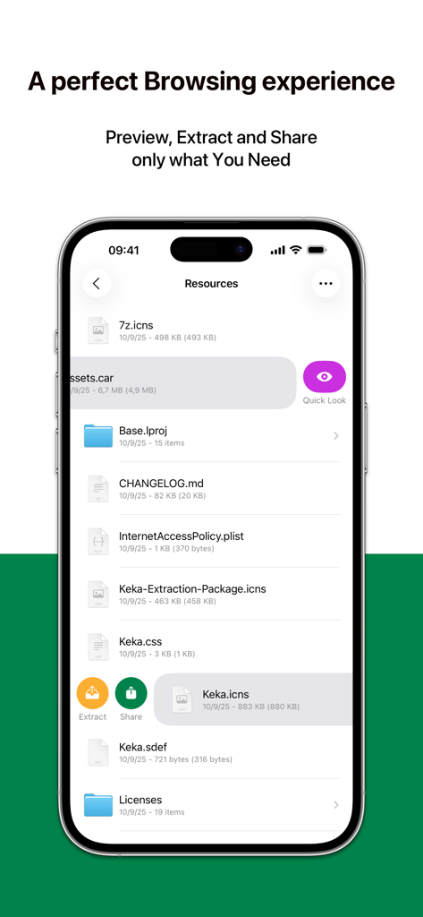 Interface of the Keka app on iPhone showing a list of files with options to preview, extract, and share