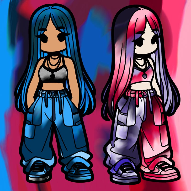 girl in baggy pants crop top and long hair