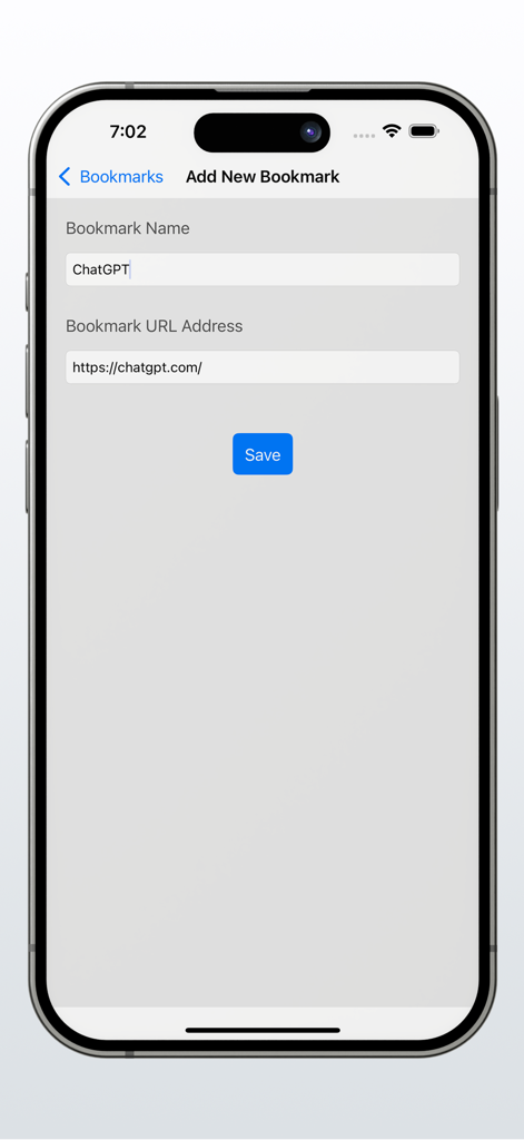 Pantalla de Agregar Nuevo Marcador en la aplicación Watch Web Browser mostrando una entrada de ChatGPT.