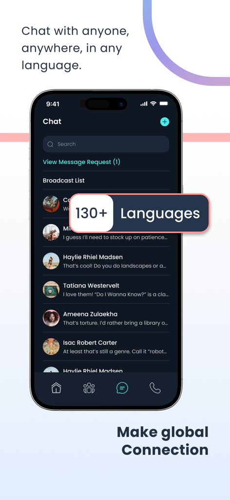 Langaroo+ - Interface da tela de bate-papo do Langaroo plus exibindo conversas com suporte para mais de 130 idiomas para comunicação global.