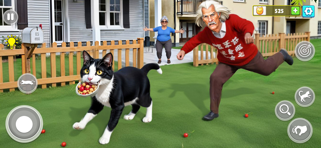 Un gato blanco y negro corriendo en un césped con un tazón de cerezas en la boca mientras es perseguido por un hombre enfadado.