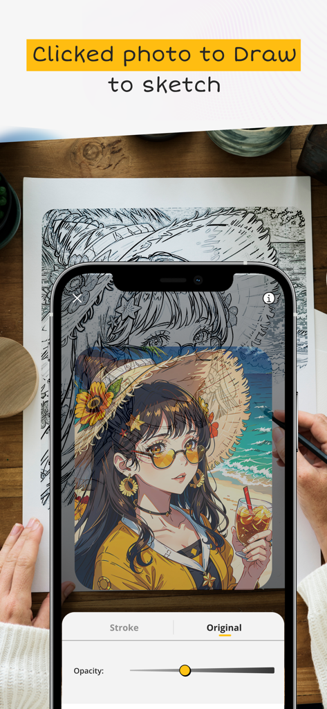 AR Sketch Studio - A person tracing an anime character from a phone screen onto paper using the AR Sketch Studio app.