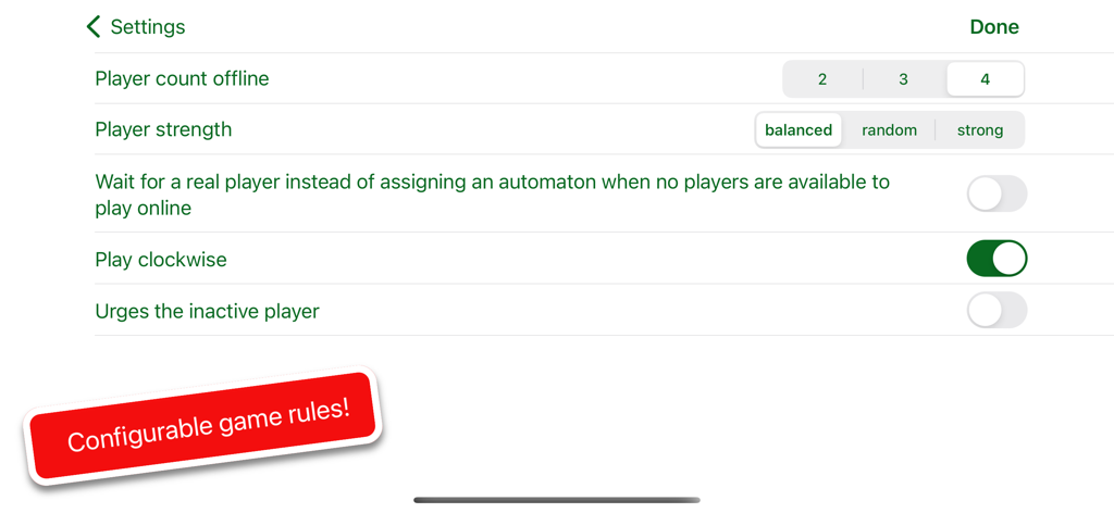 Scala 40 Online or Alone - Schermata delle impostazioni del gioco dell'app Scala 40 con regole di gioco e opzioni giocatore configurabili