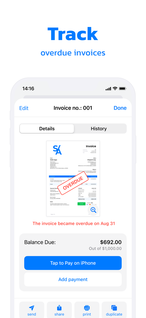 A mobile interface of the Invoice Maker app showing an invoice with a red overdue stamp and options to tap to pay on iPhone.