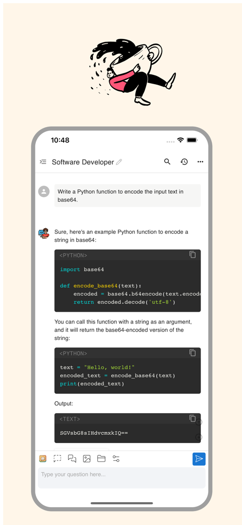 Un développeur logiciel utilisant l'application Chatbox AI pour générer du code Python pour l'encodage base64 avec des blocs de code formatés.