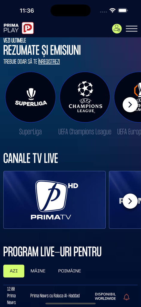 Interface of the Prima Play app displaying live Romanian TV channels and sports coverage like SuperLiga and Champions League