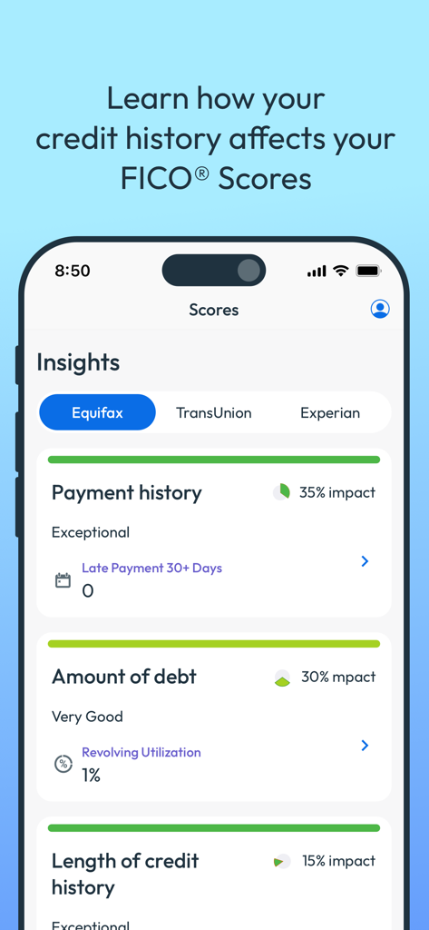 myFICO app interface showing credit insights including payment history and debt impact on FICO scores