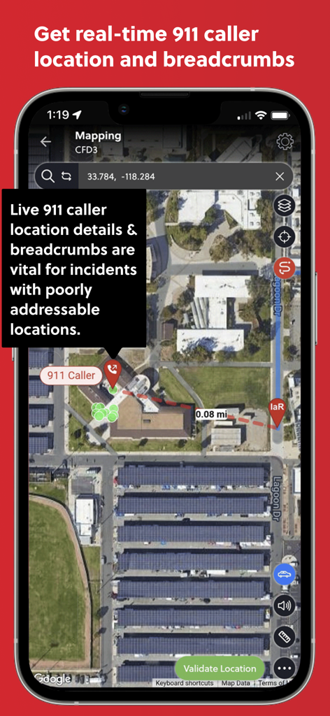 IamResponding (IaR) - Satellite map view in the IamResponding app showing real time 911 caller location and tracking breadcrumbs