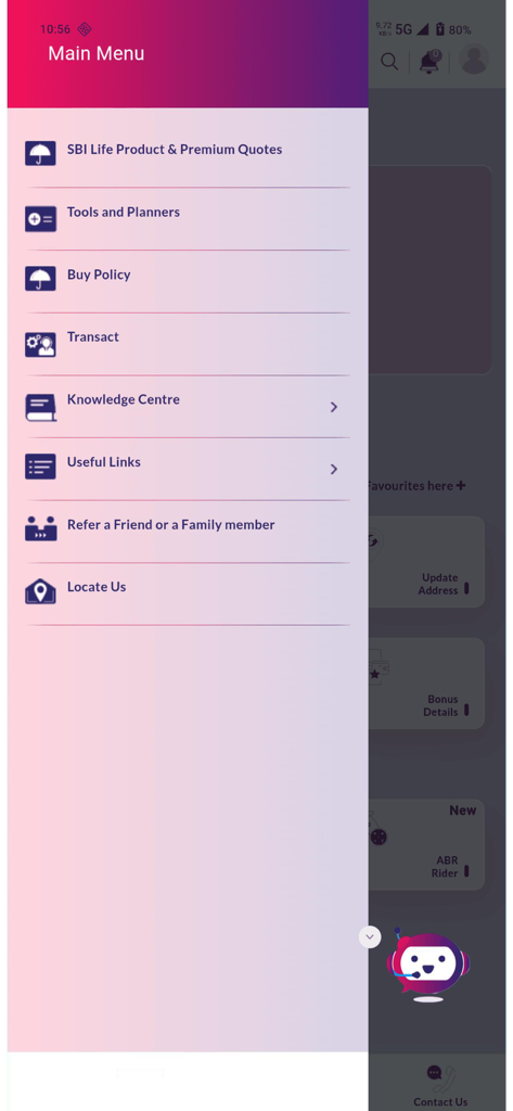 SBI Life Smart Care - Main menu interface of the SBI Life Smart Care app showing various insurance services and navigation options