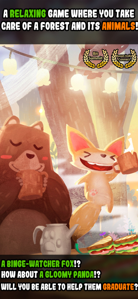 Una ilustración acogedora de un oso y un zorro tomando té juntos en un jardín forestal soleado