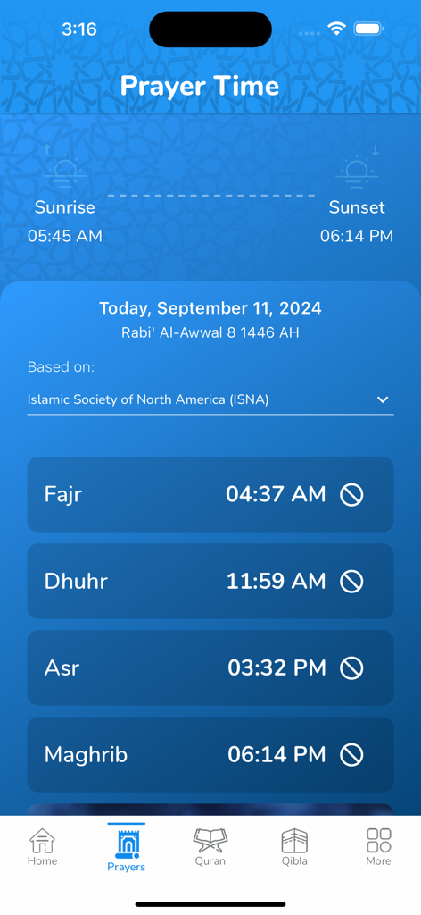 My Islam: Qur'an Prayer Tasbih - Interface of My Islam app showing daily prayer times for Fajr Dhuhr Asr and Maghrib with a blue geometric background