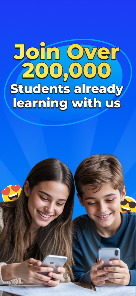 Two students smiling and using smartphones with the Go Math app