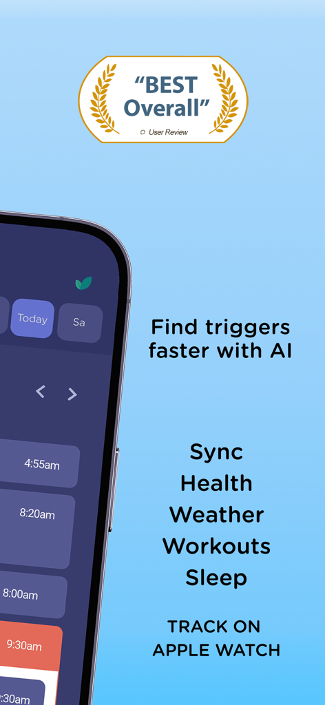 Pantalla de la aplicación Migraine Insight que muestra el seguimiento de desencadenantes por IA y las opciones de sincronización de HealthKit.
