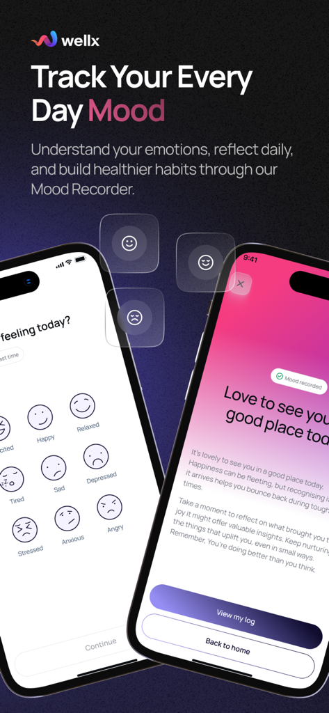 Wellx.ai - Wellx.ai app interface for daily mood tracking and reflection