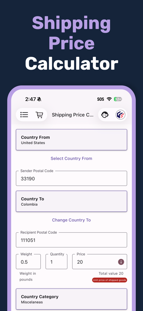 Tela do aplicativo móvel We Ship You exibindo uma calculadora de preços de envio para enviar pacotes dos Estados Unidos para a Colômbia.