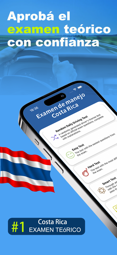 Examen teórico Costa Rica 2026 - Interfaz de la aplicación de práctica para el examen teórico de conducir de Costa Rica que muestra los niveles de dificultad del examen