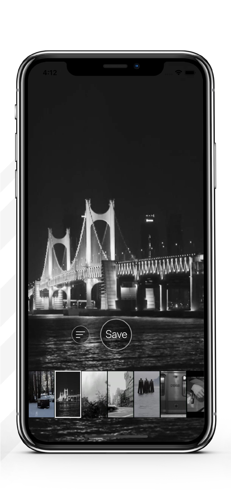 4K HD Live Wallpapers - Tela do iPhone mostrando um papel de parede de ponte de cidade em preto e branco no aplicativo 4K HD Live Wallpapers