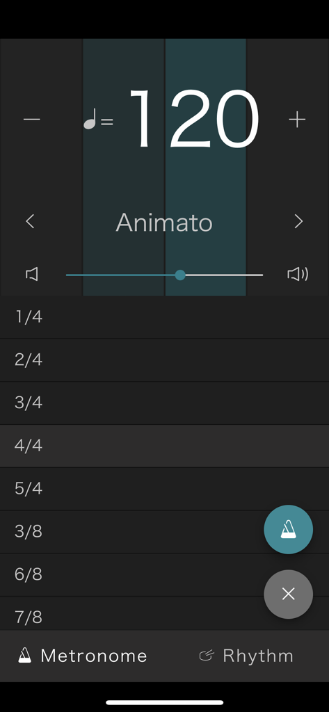 PianoRemote - PianoRemote app metronome screen for Kawai digital pianos showing tempo at 120 BPM and time signature list.
