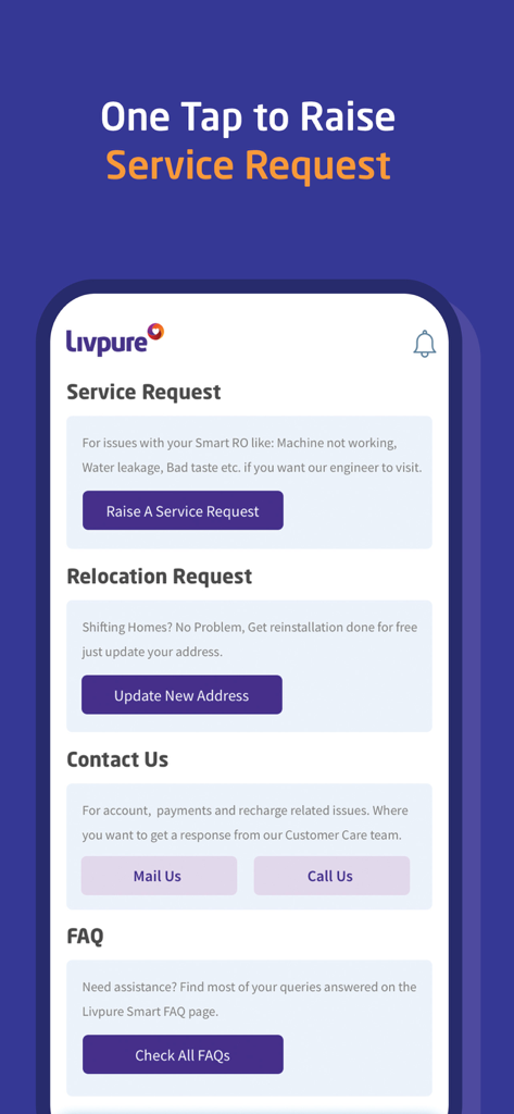 Livpure Smart app interface showing options for service requests relocation updates contact support and FAQs