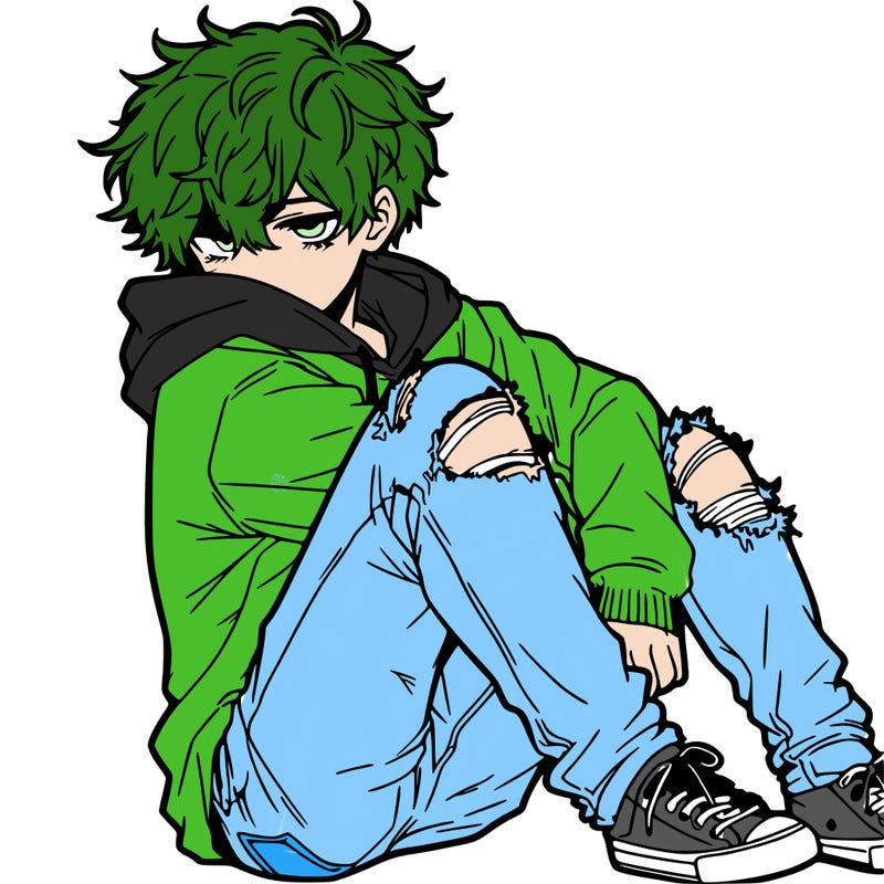 a male hoddie ripped jeans messy hair anime