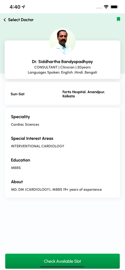 Doctor profile page for a cardiology specialist in the myFortis app