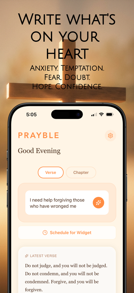 Prayble: Bible Widgets & Verse - Prayble app interface showing the search for personalized Bible verses based on emotional needs.