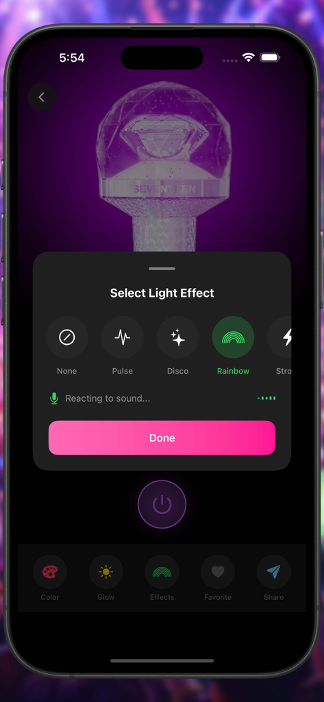 Idol Light Stick Kpop Creator - Auswahl eines Sound-reaktiven Regenbogen-Effekts für einen Seventeen K-pop-Leuchtstab